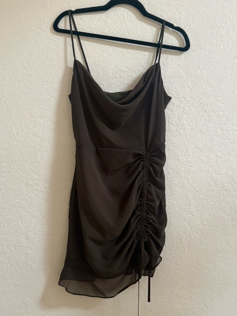 Cowl Neck Ruched Mini Dress - Chocolate Brown/Green